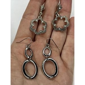 Silver Tone Dangle Earrings Stamped IS Faux Marcasite Flower Post Dangle 2 Pair